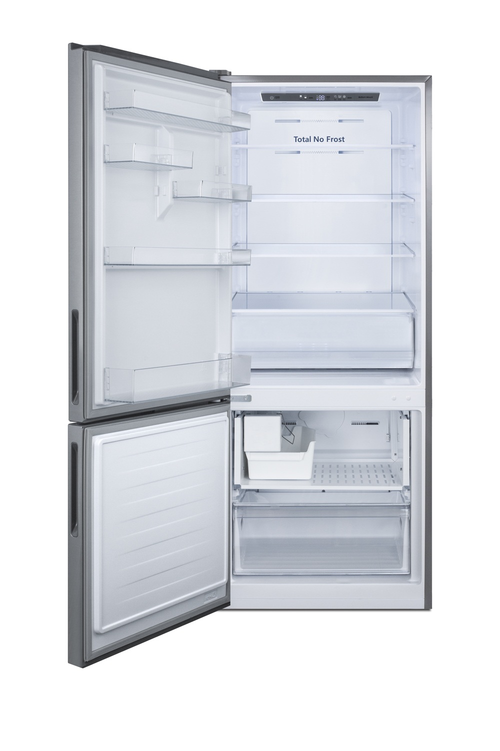 Frost-free bottom freezer refrigerator in stainless steel with factory-installed icemaker and digital controls and a counter depth fit